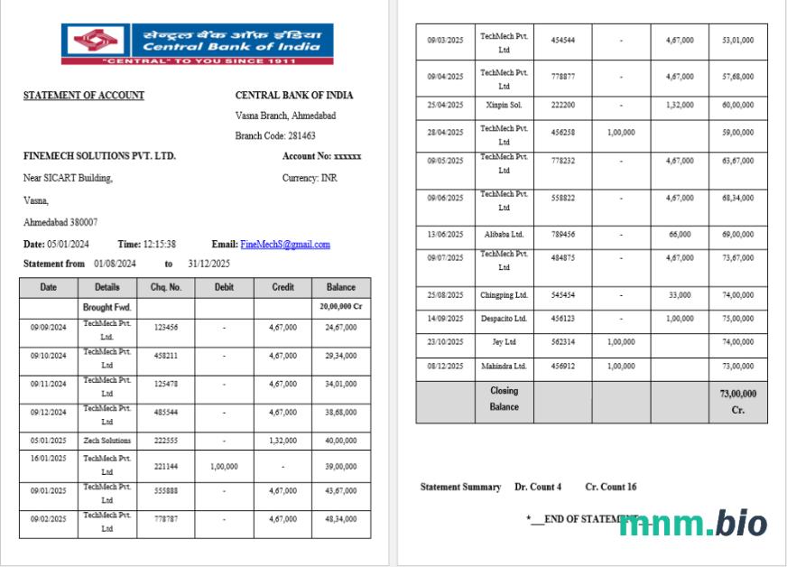 Szablon wyciągu bankowego India Canara, format Word i PDF, 5 stron, Wersja 2